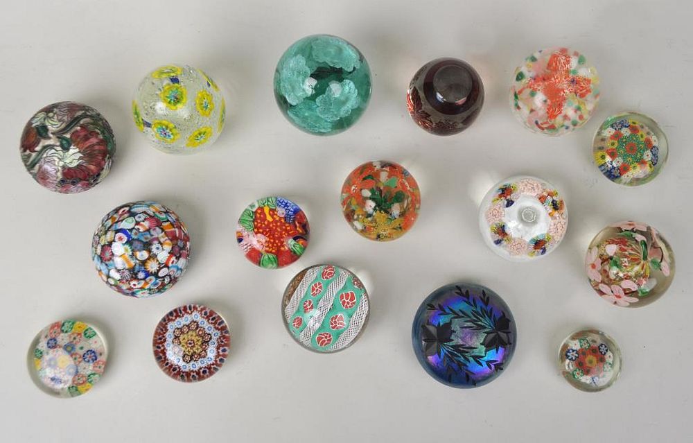 Appraisal: Group Sixteen Colored Glass Paperweights comprising millefiori latticino one signed