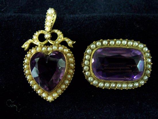 Appraisal: A rectangular amethyst brooch with half pearl set border and