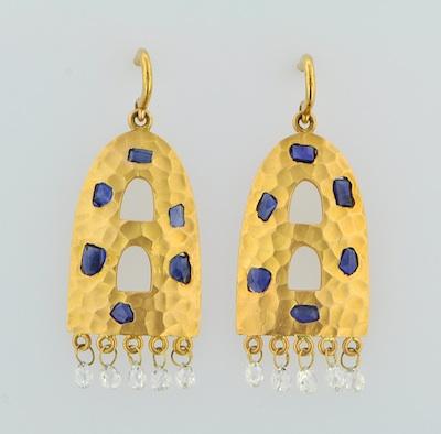 Appraisal: A Pair of k Gold Sapphire and Diamond Briolette Earrings