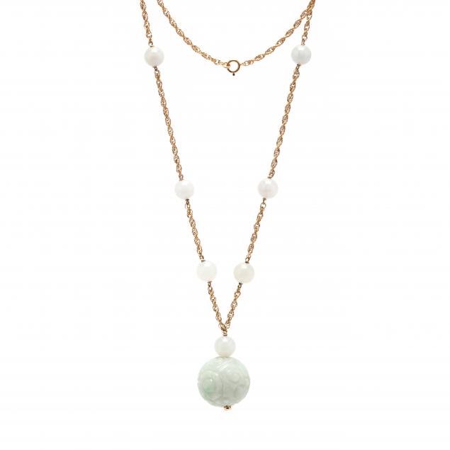 Appraisal: GOLD AND JADEITE STATION NECKLACE The gold wheat chain necklace