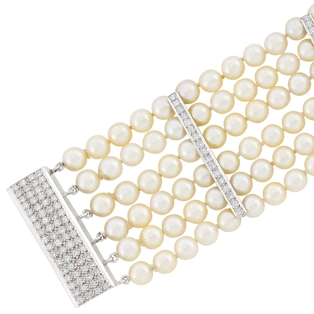 Appraisal: Wide Multistrand Cultured Pearl White Gold and Diamond Bracelet kt