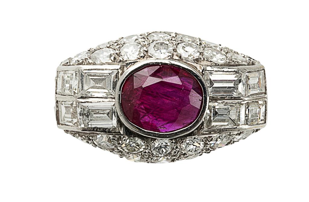 Appraisal: A s French ruby and diamond set ring of bombe