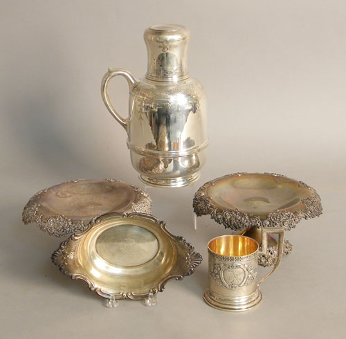 Appraisal: Sterling silver bedside carafe and cup together with two sterling