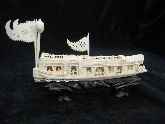 Appraisal: Carved Ivory Ship superb detail with figures throughout openwork ''