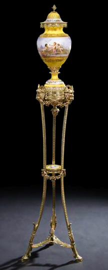 Appraisal: Tall Continental Polished Brass-Mounted Fond Jonquille Porcelain Covered Vase-on-Pedestal fourth