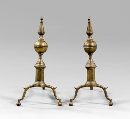 Appraisal: Pair Federal brass andirons ball and steeple finials hexagonal plinth