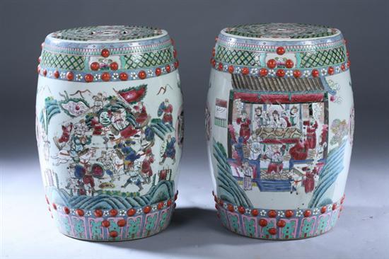 Appraisal: PAIR CHINESE FAMILLE VERTE PORCELAIN GARDEN SEATS Painted to depict