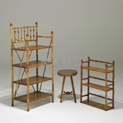 Appraisal: BAMBOO FURNITURE Three pieces two shelves and a stool th