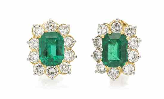 Appraisal: A Pair of Karat Yellow Gold Emerald and Diamond Earclips