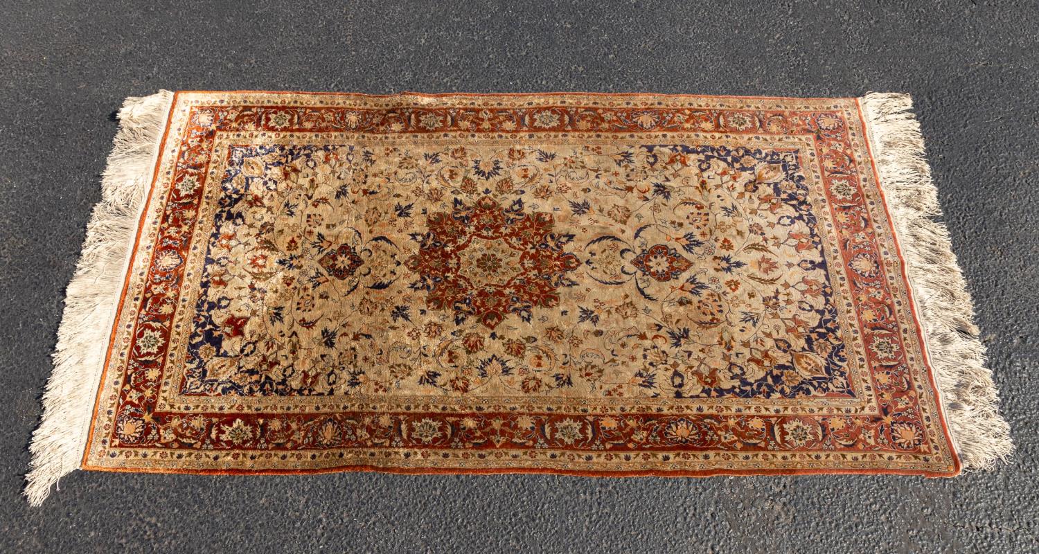 Appraisal: INDO-PERSIAN SILK ON SILK RUG IN CREAM AND RUST Indo-Persian