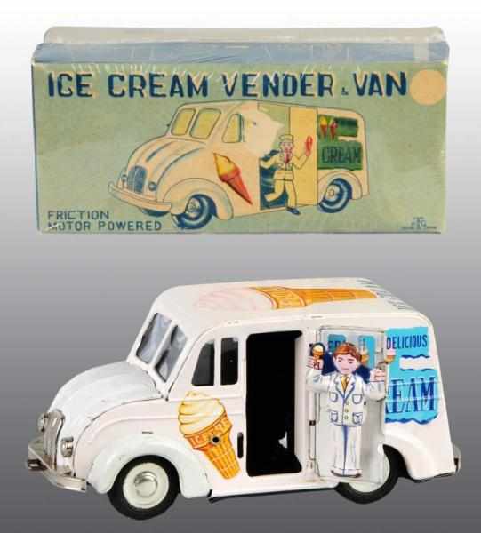 Appraisal: Tin Ice Cream Vendor Van Friction Toy Description Japanese Working