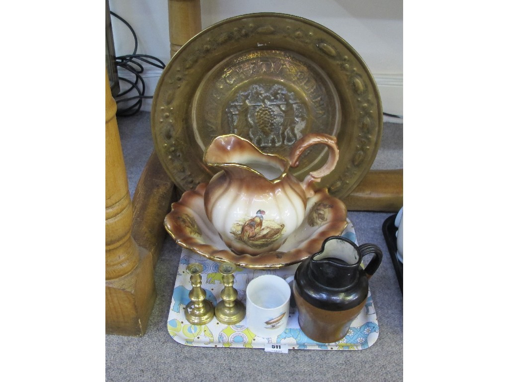 Appraisal: Brass wall plaque small ewer and basin pair of brass