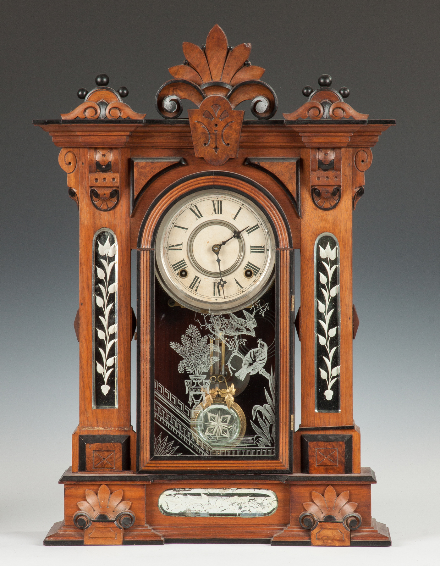 Appraisal: Gilbert Amphion Shelf Clock Carved walnut ebonized case Original mirrors