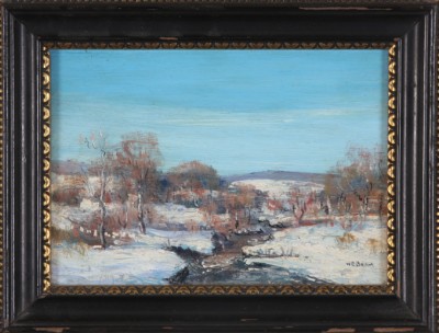 Appraisal: Miniature winter landscape with creek oil on masonite x SLR