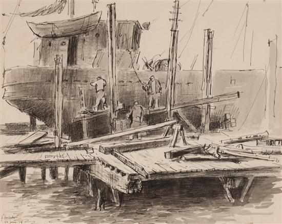 Appraisal: Jacob Glushakow American - ''Gloucester Harbor'' pen and ink on