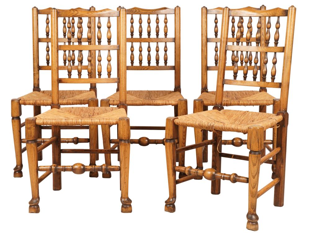 Appraisal: SET OF FIVE AMERICAN SPINDLE BACK CHAIRSwith woven rush seats