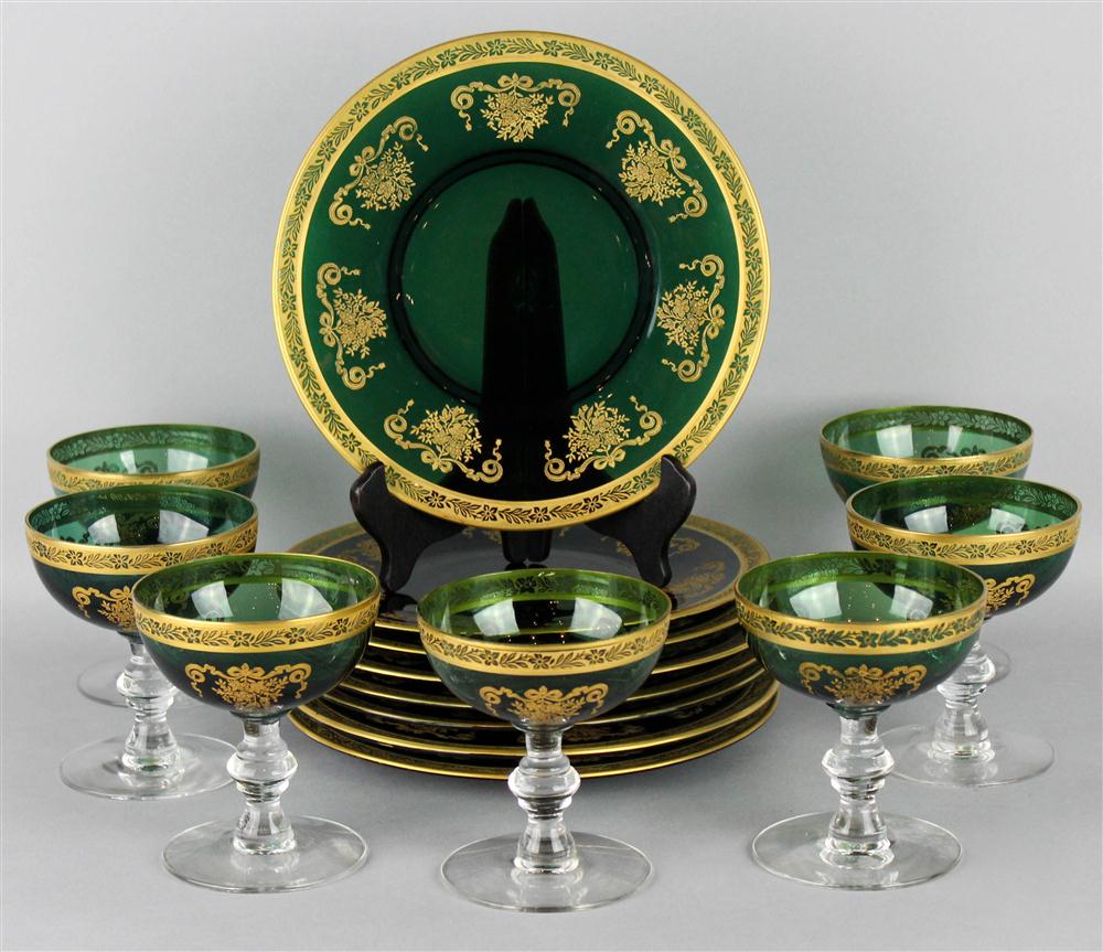 Appraisal: GREEN AND GILT GLASS PART SERVICE including open champagnes with