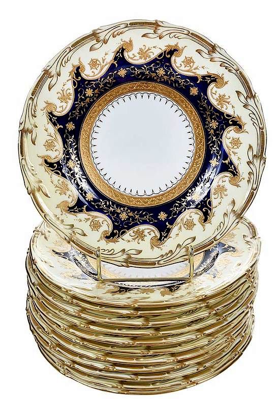 Appraisal: Set Twelve Coalport Blue and Cream Gilt Plates British late