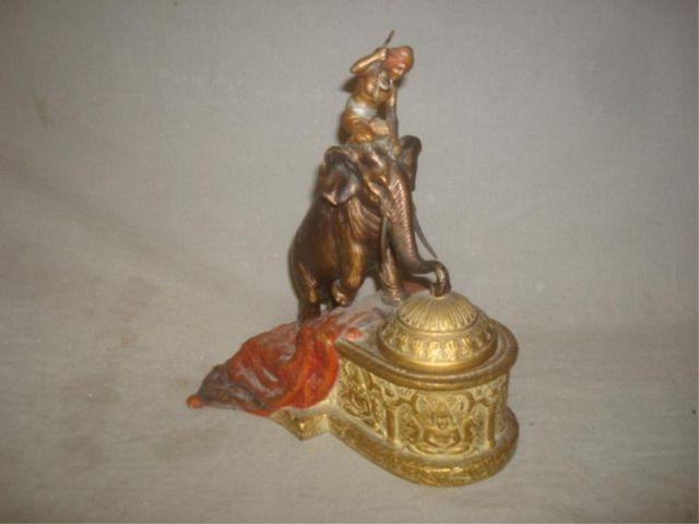 Appraisal: BERGMAN Bronze and Patinated Inkwell with Arab Rider on Elephant