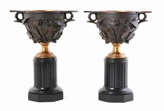 Appraisal: Pair French bronze and slate urns late th century dark