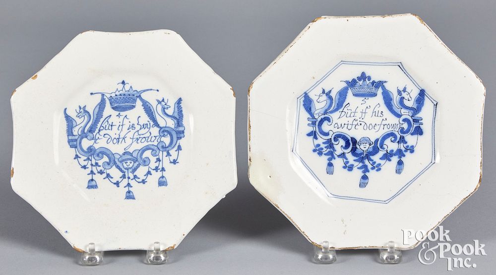 Appraisal: Two English delft Merry Man octagonal plates Two English delft