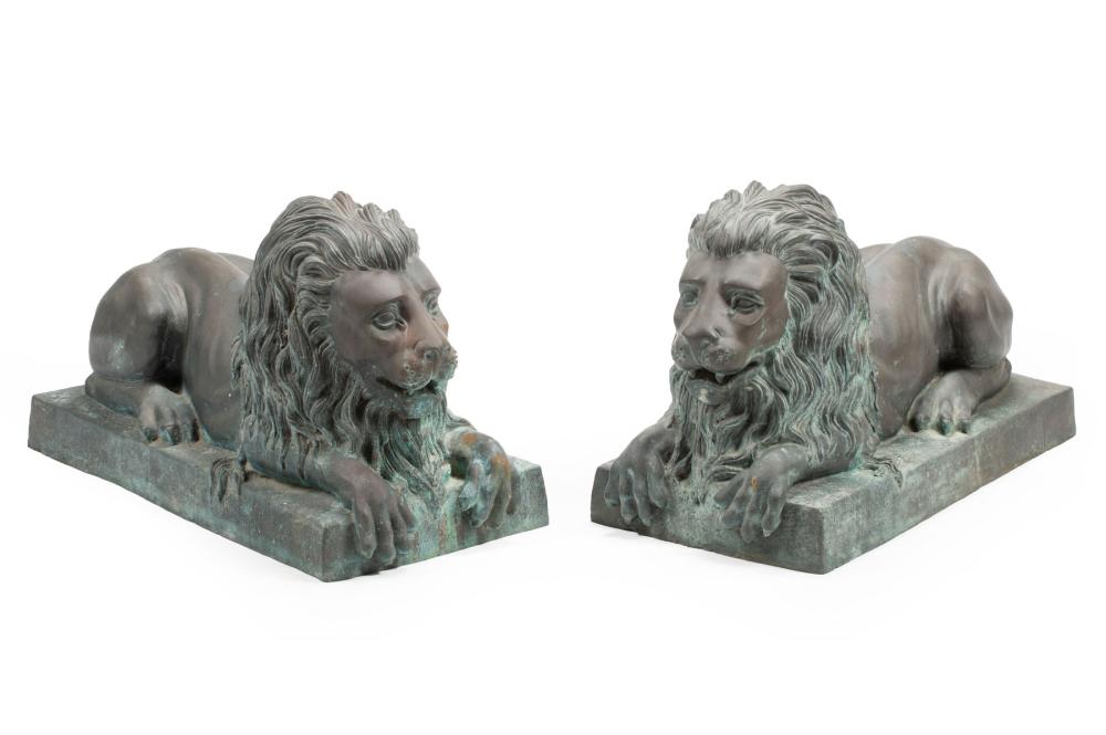 Appraisal: Pair of Large Patinated Bronze Figures of Lions plinth bases