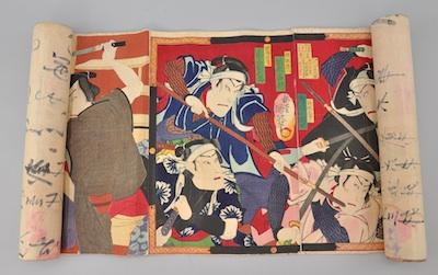 Appraisal: A Japanese Woodblock Scroll of Actor Triptychs Consisting of several