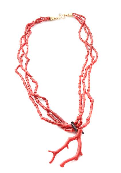 Appraisal: Branch Coral and Jet Necklace A sautoir necklace with a