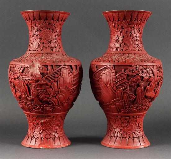 Appraisal: Pair of Chinese carved cinnabar and black lacquer vases in