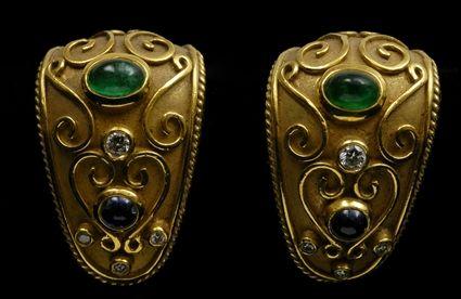 Appraisal: PAIR OF K GOLD SAPPHIRE EMERALD AND DIAMOND EARRINGS in