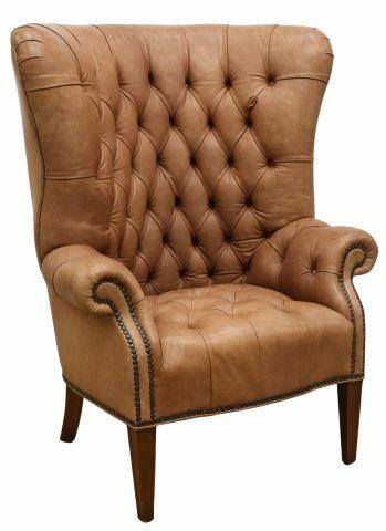 Appraisal: Tall leather wingback armchair Leathercraft Inc late th c button