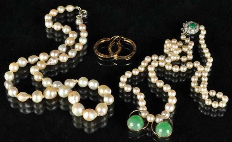 Appraisal: Pearl Necklaces Jade Pieces Earring Set Description Includes with necklace