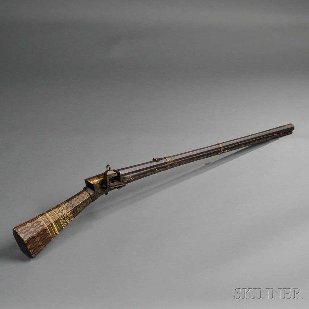 Appraisal: Ottoman-style Miquelete-lock Rifle c th th century ornately inlaid walnut