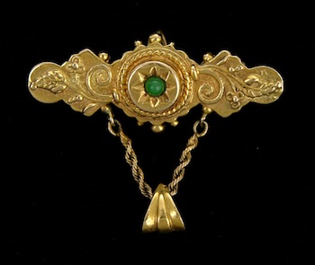 Appraisal: Antique Style Watch Pin with Green Cabochon k yellow gold