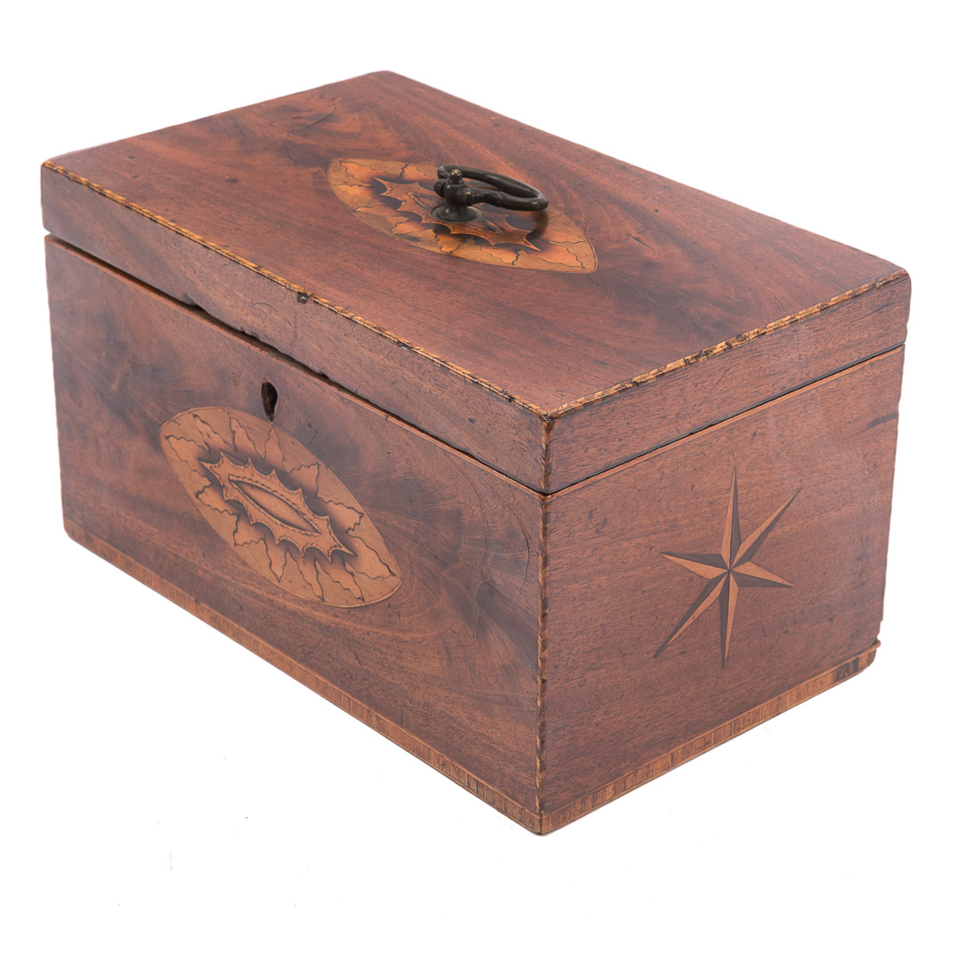 Appraisal: George III inlaid mahogany tea caddy circa with star and