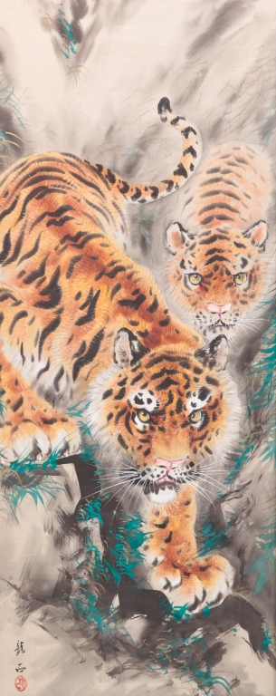 Appraisal: Second half th century gouache on silk signed Two tigers