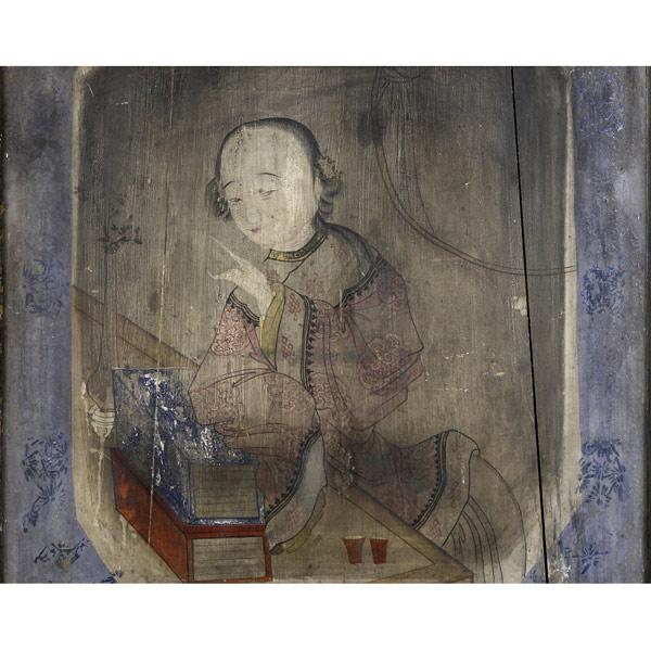 Appraisal: ASIAN PAINTING ON WOOD Depicting a scholar ca th C