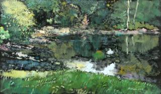 Appraisal: ROBERT SUDLOW - OIL ON PAPER Titled 'Jewell's Pond Late