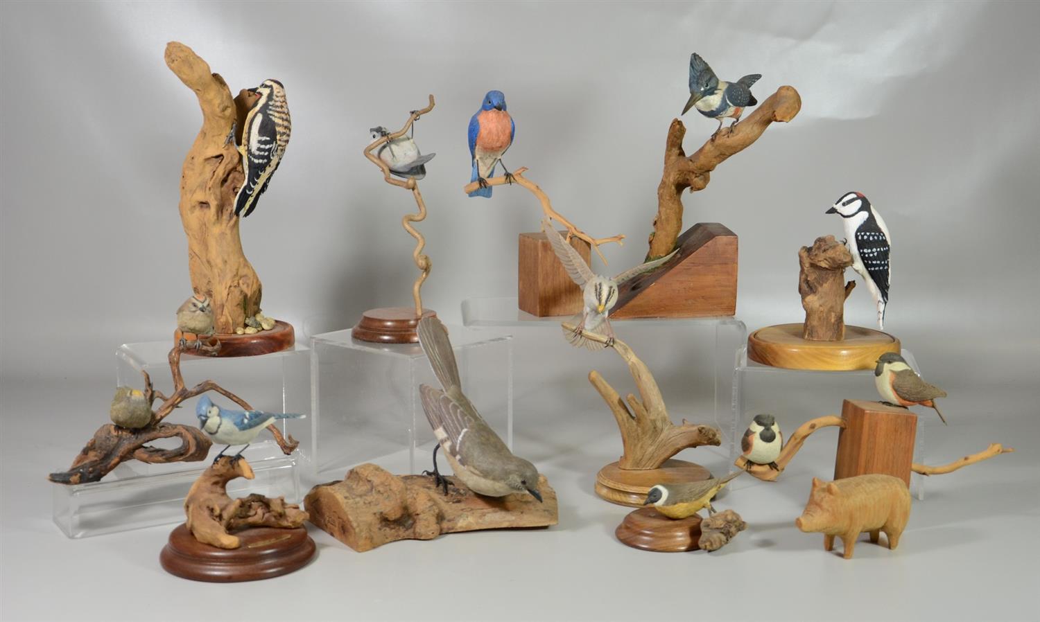 Appraisal: Carved and Painted Song Birds together with Carved Pig RCA