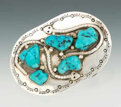 Appraisal: A Zuni Sterling Silver and Turquoise Belt Buckle Sterling silver