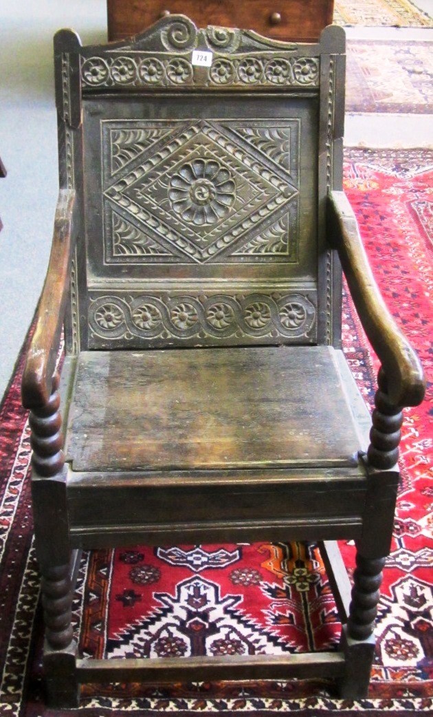 Appraisal: A mid th century oak panel back Wainscot open armchair