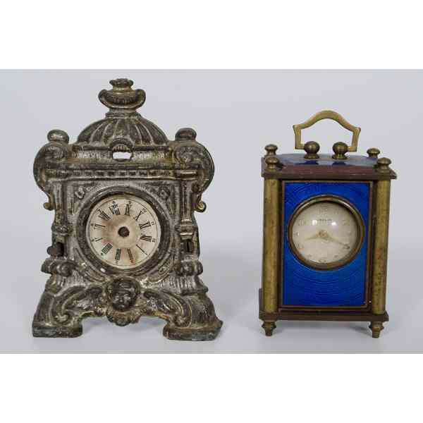 Appraisal: Miniature Gubelin and Table Clocks Continental Two miniature clocks including