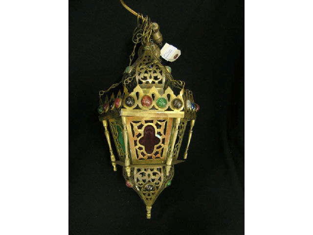 Appraisal: Persian Style Hanging Jeweled Lamp fancy brass openwork