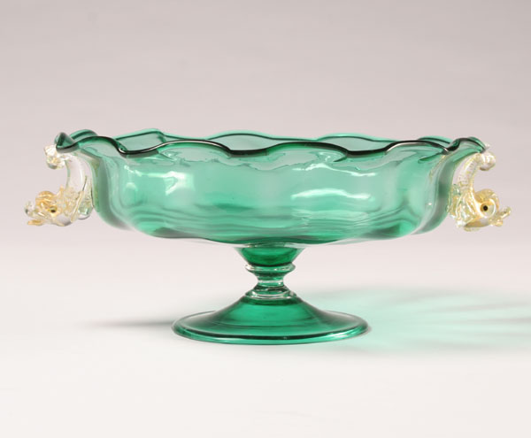 Appraisal: Salviati applied dolphin green art glass tazza H x Diam