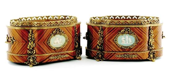 Appraisal: Pair French style kingwood and ormolu-mounted jardineres serpentine form with