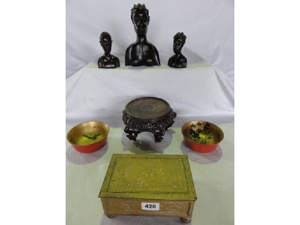 Appraisal: Three small carved African heads a pressed Coronation box a