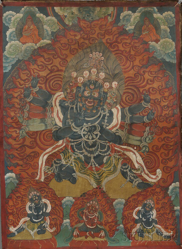 Appraisal: Thangka Indo-Tibet pigment on cloth depicting a three-faced twelve-armed wrathful