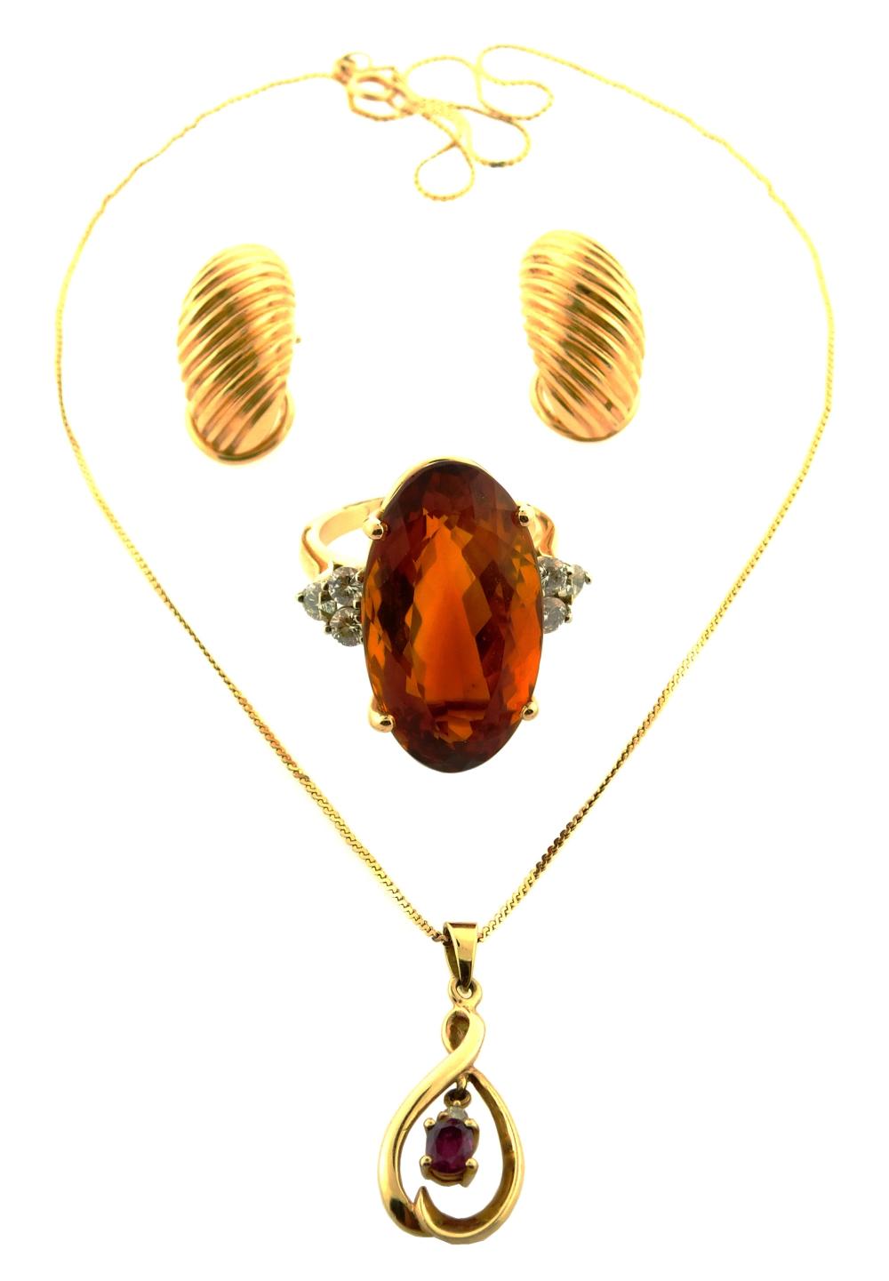 Appraisal: JEWELRY K Citrine Ring Ruby Pendant and Shrimp Earrings details