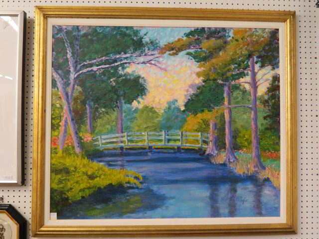 Appraisal: Martha Sharp oil landscape with walk bridge on canvas image