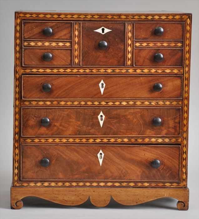 Appraisal: GEORGE III IVORY AND PARQUETRY INLAID MAHOGANY MINIATURE CHEST OF